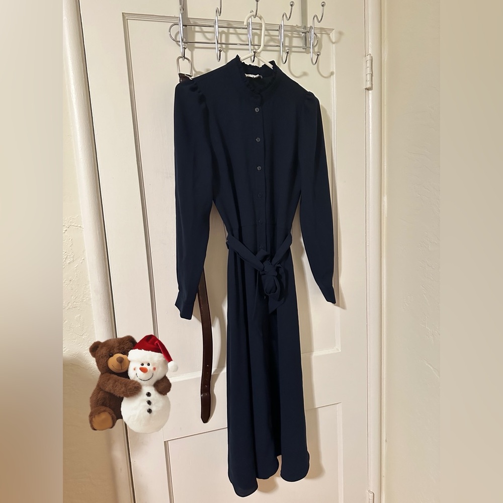 WAREHOUSE WOMEN NAVY LONG SLEEVE MOCKNECK BUTTON DOWN BELTED A- LINE MIDI DRESS.